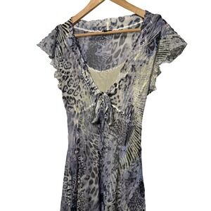 KOMAROV DRESS Animal Print Tie Neck Midi Dress L Y2K Whimsigoth